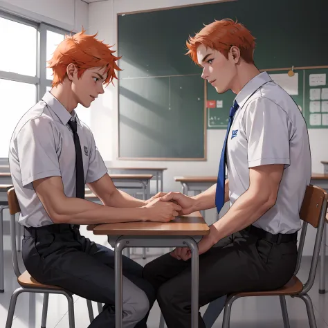 two 15-year-old orange-haired teenage friends are talking, conversan, parlen  en la escuela de que son casi amigos de hermanos.....