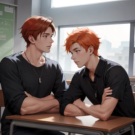 two 15-year-old orange-haired teenage friends are talking, conversan, parlen  en la escuela de que son casi amigos de hermanos.....