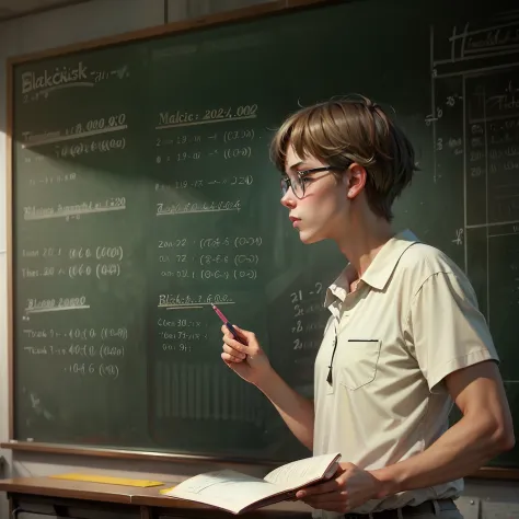 create a nostalgic scene of a teacher teaching a math class in the 2000s, writing equations and formulas on the blackboard with ...