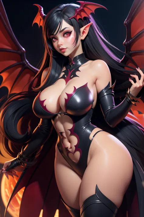 Create a succubus. Do it with large breasts, wide hips, and thick thighs. Using only Red skin, wings and tail.