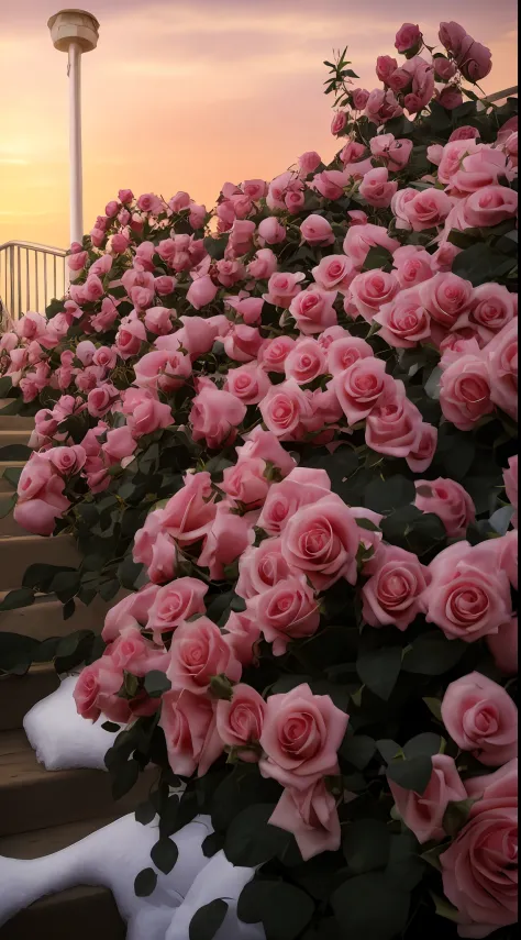 Many pink roses grow on the steps, beautiful flowers growing, with soft bushes, with frozen flowers around her, roses in cinemat...