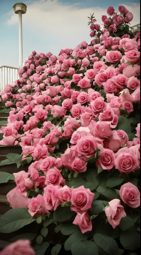 Many pink roses grow on the steps, beautiful flowers growing, with soft bushes, with frozen flowers around her, roses in cinemat...