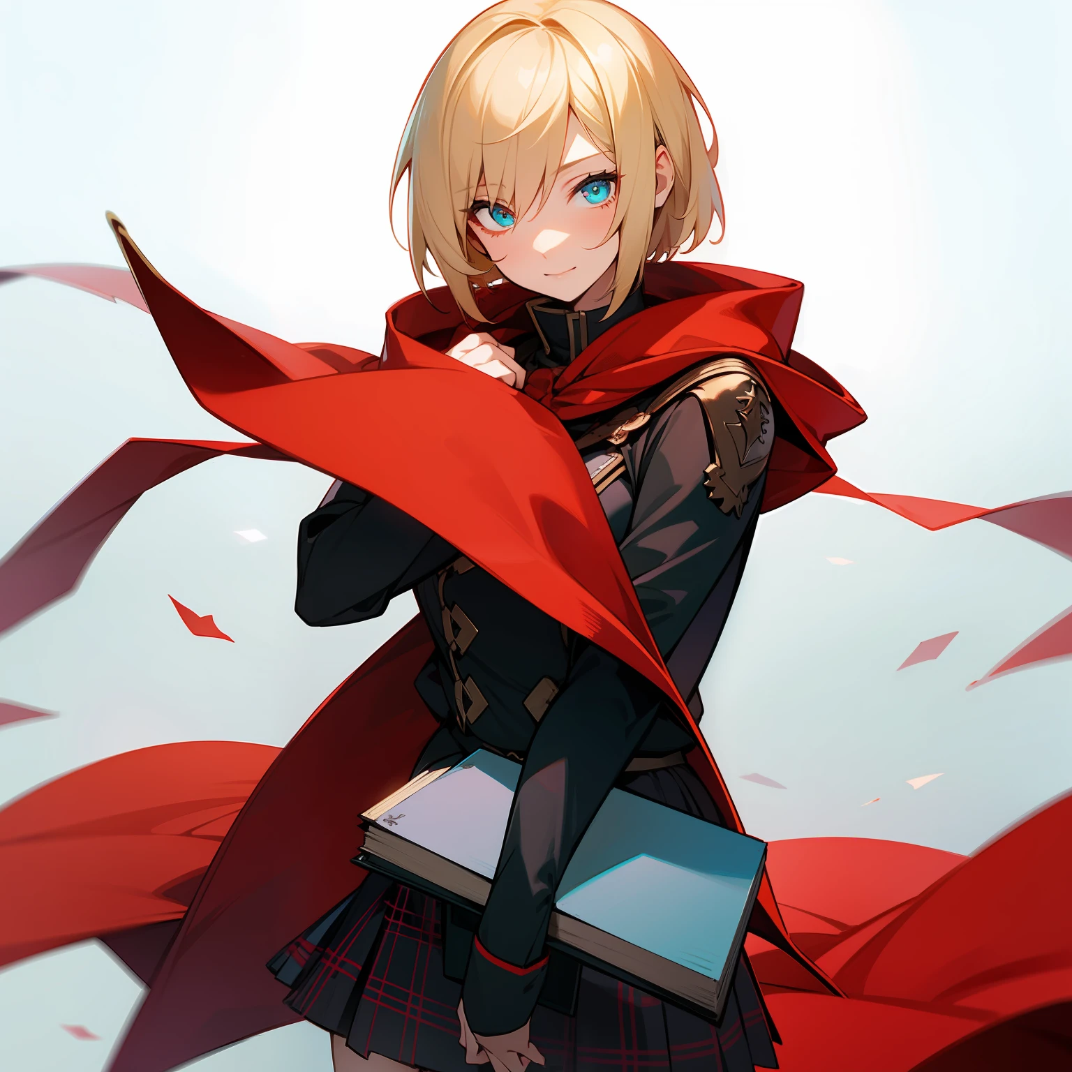 girl with blonde hair, short haircut, shy expression, cyan eyes, Final Fantasy Type-0, Zero Class outfit, black uniform, plaid skirt, Holding a book, Red Riding Hood, 4k, Final Fantasy