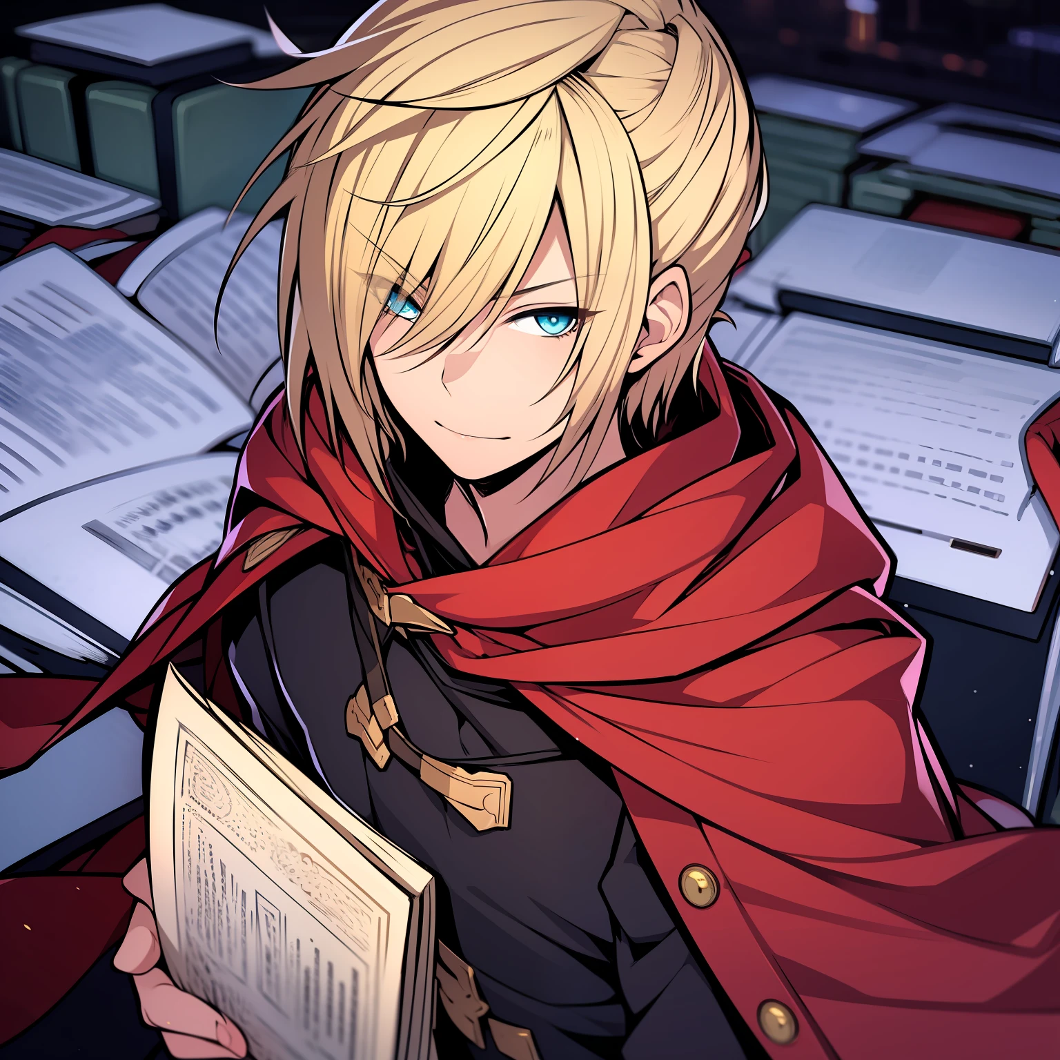 girl with blonde hair, short haircut, shy expression, cyan eyes, Final Fantasy Type-0, Zero Class outfit, black uniform, plaid skirt, Holding a book, Red Riding Hood, 4k, Final Fantasy