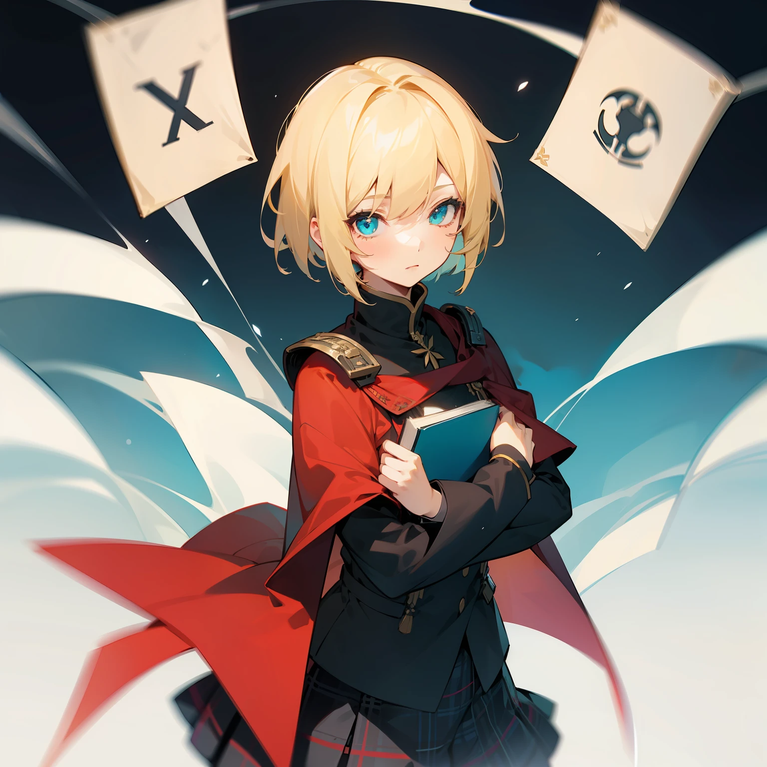 girl with blonde hair, short haircut, shy expression, cyan eyes, Final Fantasy Type-0, Zero Class outfit, black uniform, plaid skirt, Holding a book, little red cape,, 4k, Final Fantasy