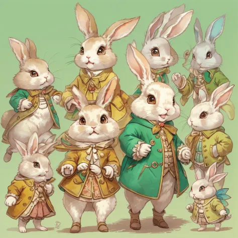 An ultra-high picture quality、Super delicate、Character design drawings、Full body like、Multiple Pose、Multiple facial expressions、Anthropomorphic cute rabbit、Cute characters from fairy tales、Cute rabbit in coat、18th century French clothing、Colorful colors、