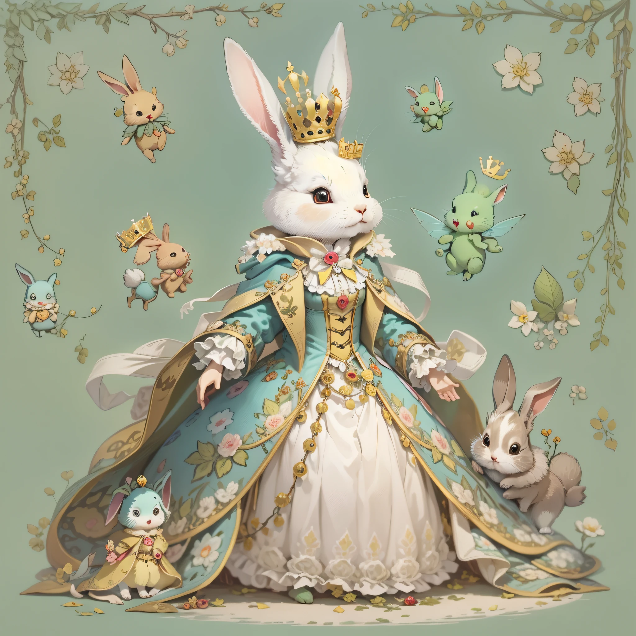 Queen rabbit、Multiple facial expressions、Anthropomorphic cute rabbit、Cute characters from fairy tales、Cute rabbit in coat、18th century French clothing、Colorful colors、An ultra-high picture quality、Super delicate、Character design drawings、Full body like、Multiple Pose、