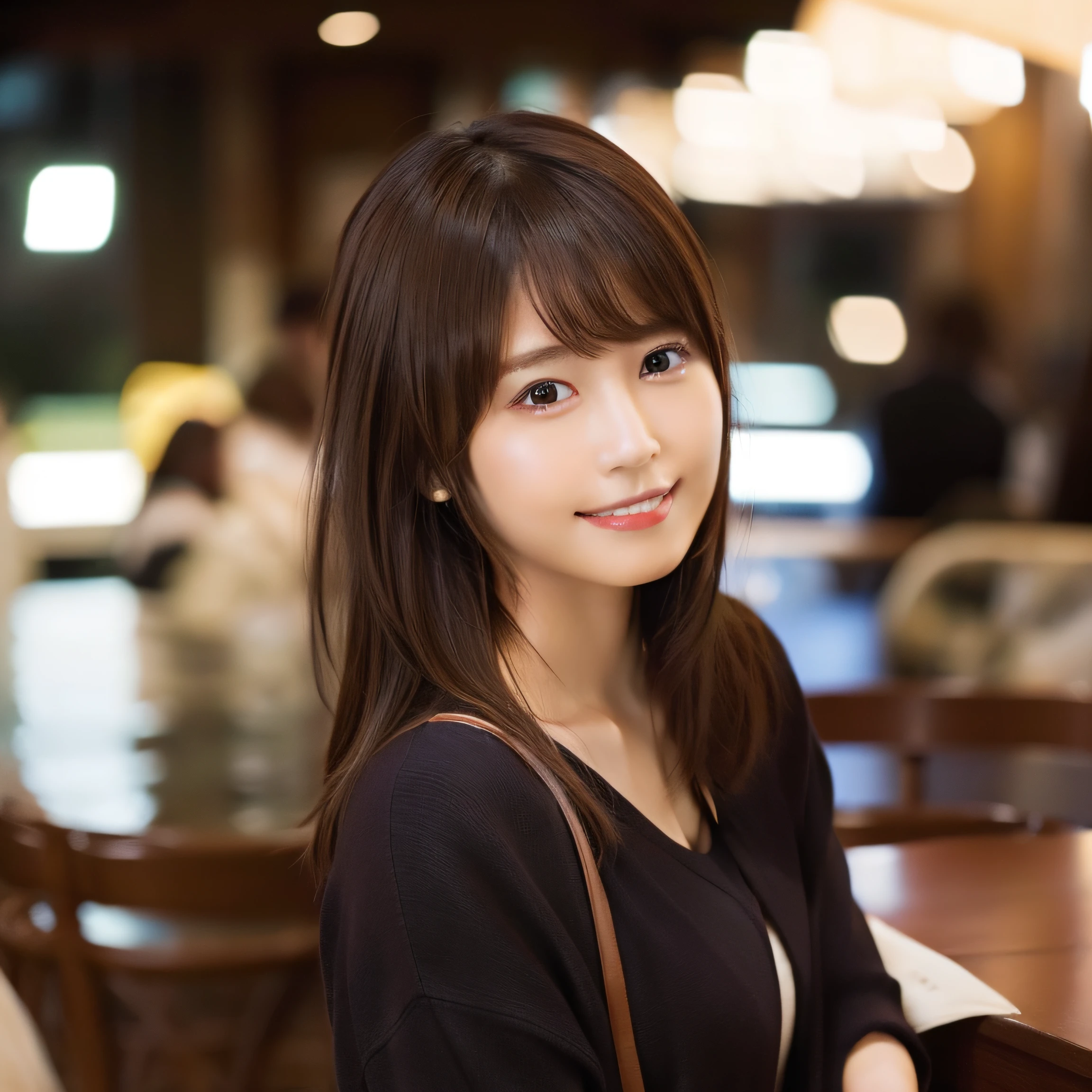 8K,Best Quality, 超A high resolution, (Photorealistic:1.4), Raw photo, (upper thigh, From Side:1.1), (Bokeh:1.4), (in a suite:1.４),Waterside Cafe, 1日本人の女の子, Cute, (Solo:1.6), (Shy smile), (Dark brown eyes), Smooth skin, (Brown medium hair,Bangs), (touch hair:1.4),nogizaka,a park,Fashionable clothes、Standing