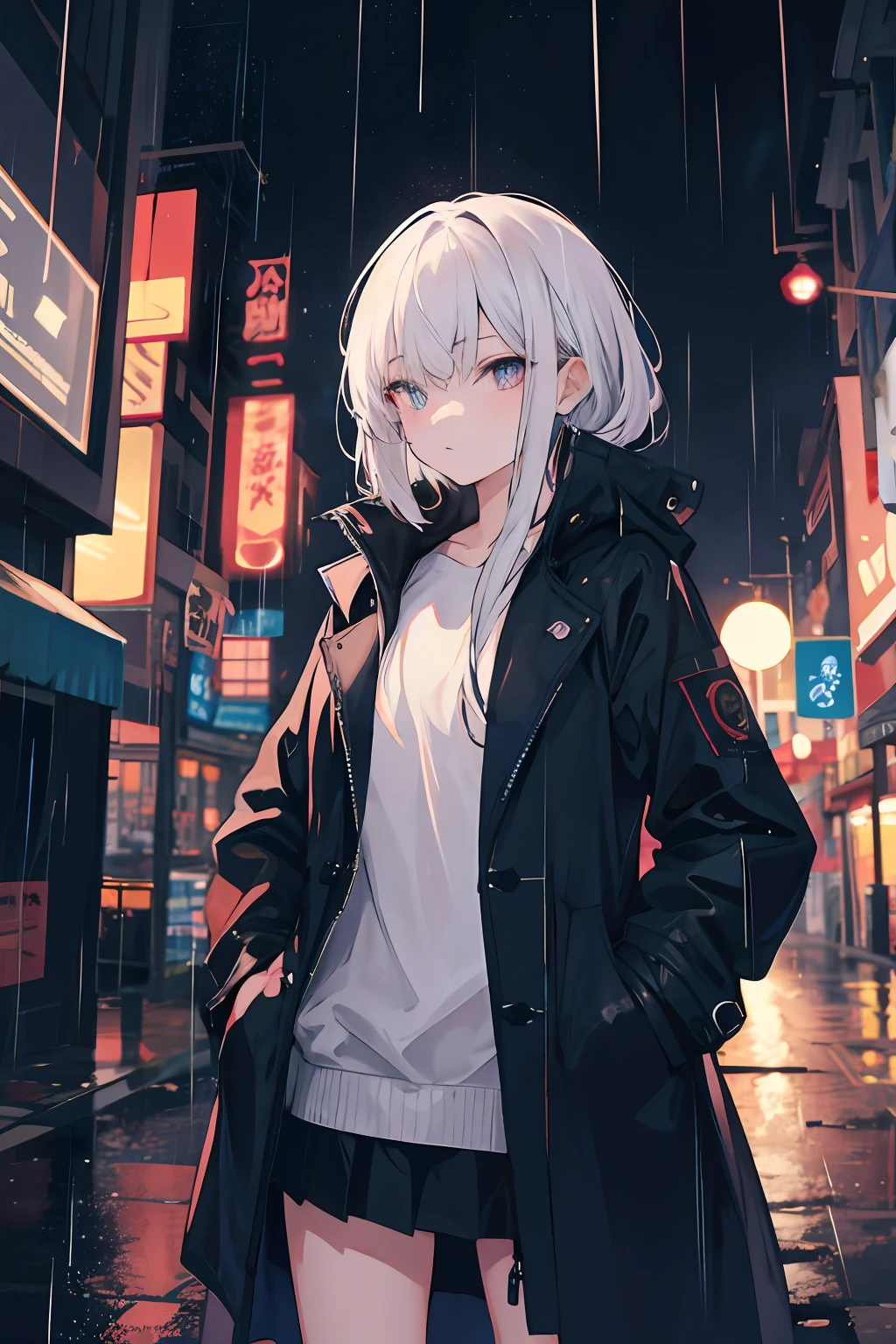 1girl,night city,rain,coat,hands in pockets