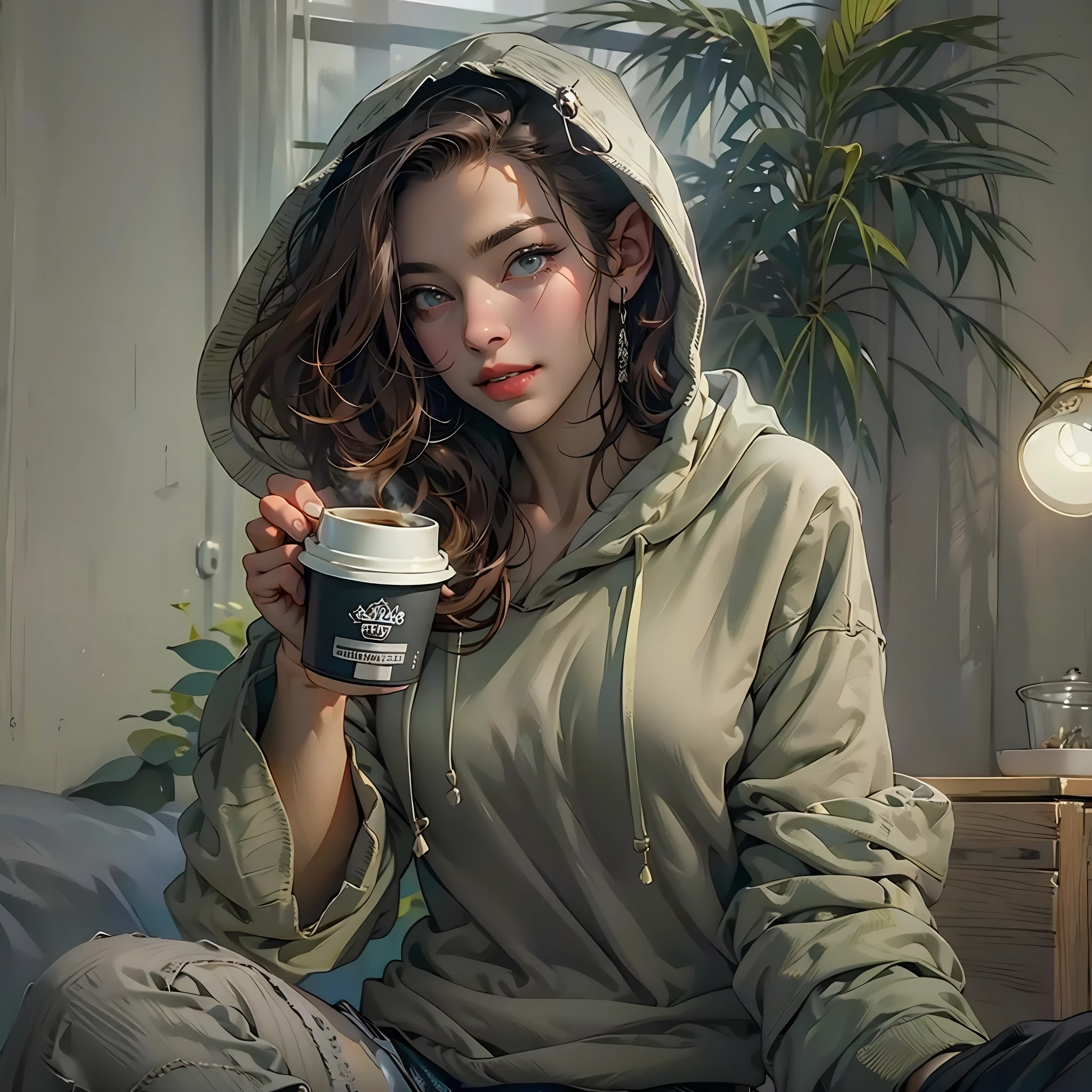 Arafed woman in a hoodie holding a cup of coffee - SeaArt AI