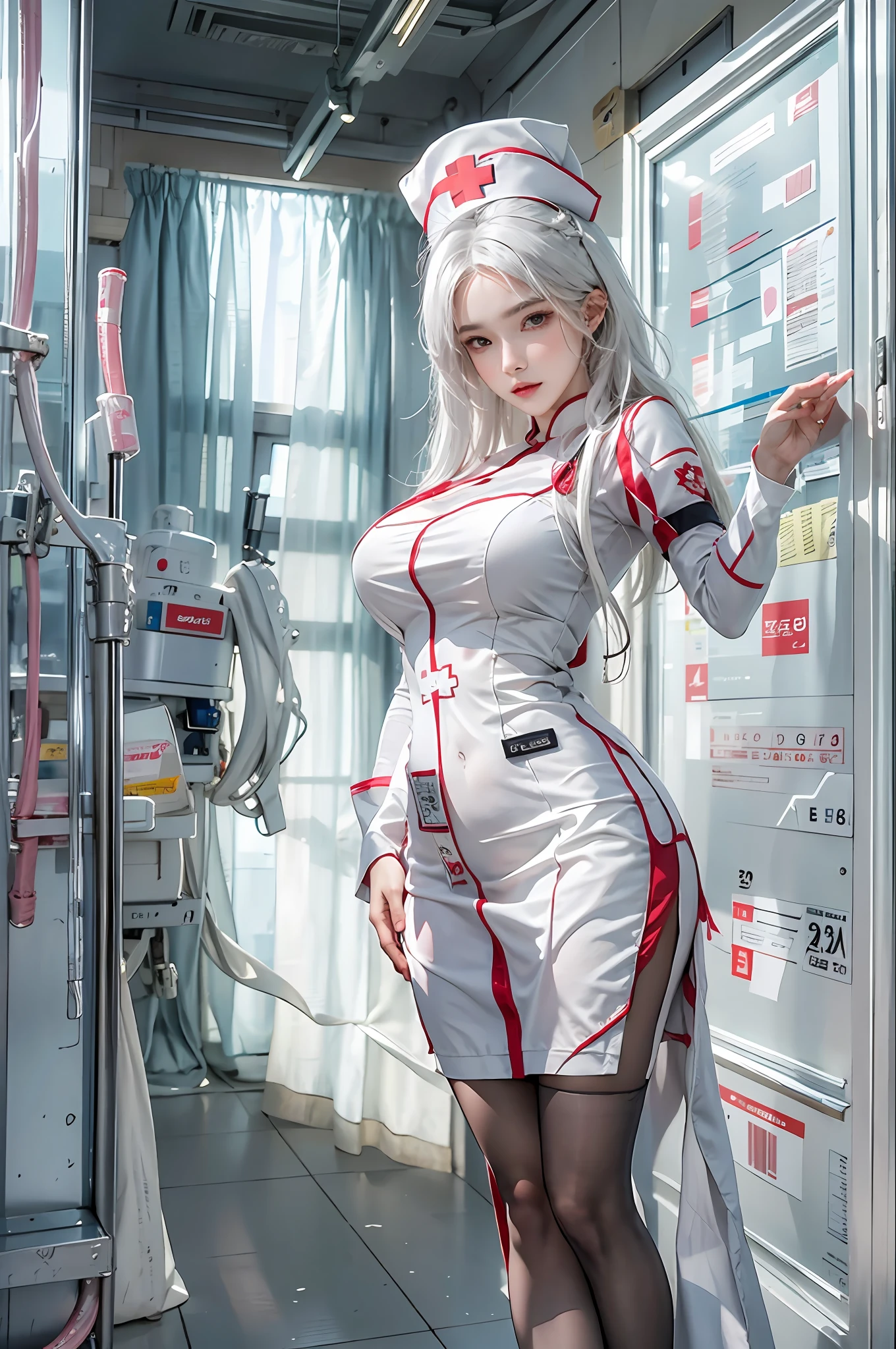 photorealistic, high resolution, 1women, solo, hips up, look at viewer, (detailed face), white hair, long hair, nurse outfit, stockings