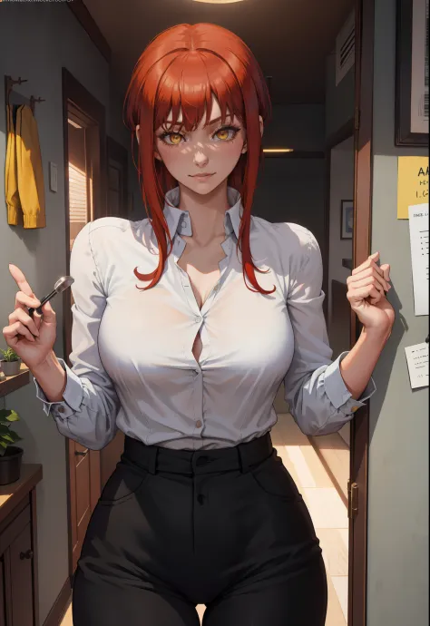 (masterpiece, best quality:1.2), solo, 1girl, red hair, yellow eyes, makima,, unbuttoned shirt with collar, on the chest, a lot ...