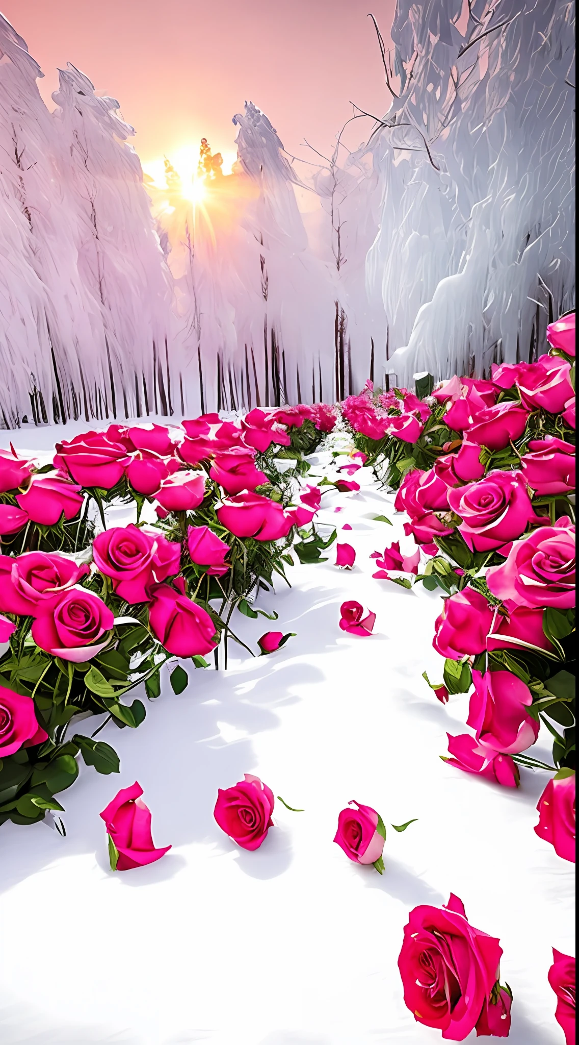 There are a lot of pink roses in the snow on the ground, Really beautiful nature, Beautiful nature, with frozen flowers around her, Beautiful photography, pink and red colors, very beautiful photograph of, big breasts beautiful!, beautiful winter area, Romantic!!!, marc adamus, stunning cinematography, rosette, roses in cinematic light, big breasts beautiful, rosses, warm beautiful scene，8K high quality detailed art