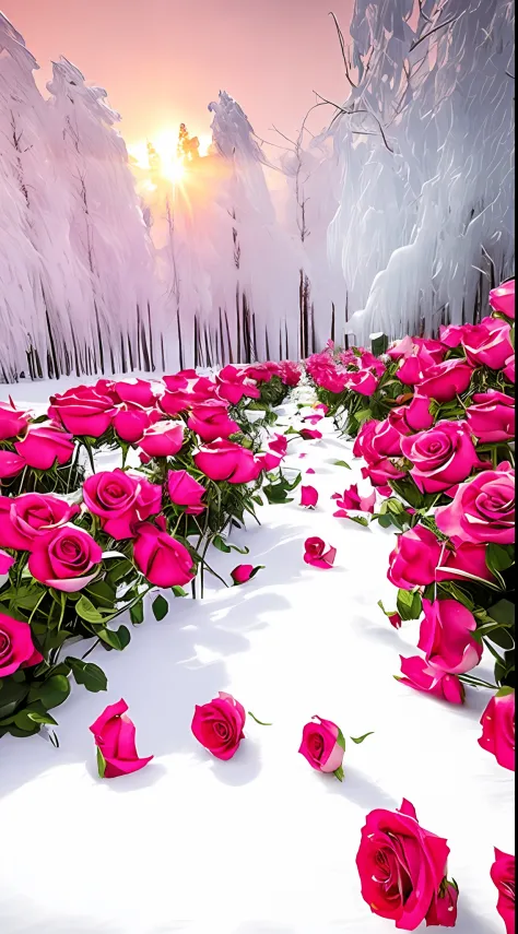 There are a lot of pink roses in the snow on the ground, Really beautiful nature, Beautiful nature, with frozen flowers around h...