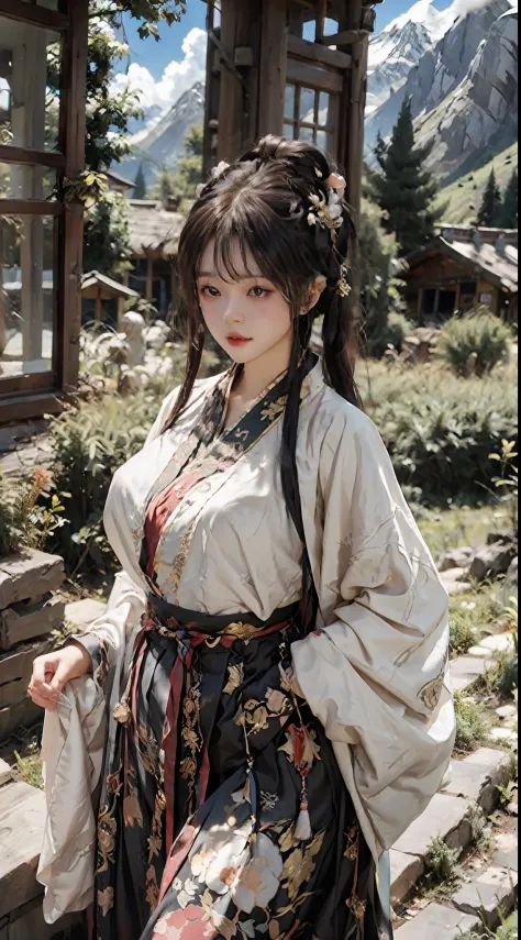 20-year-old goddess，ancient wind_Gufeng sexy Hanfu，perfect bodies，Plump breasts，Expose long legs，offcial art，Extremely detailed，...