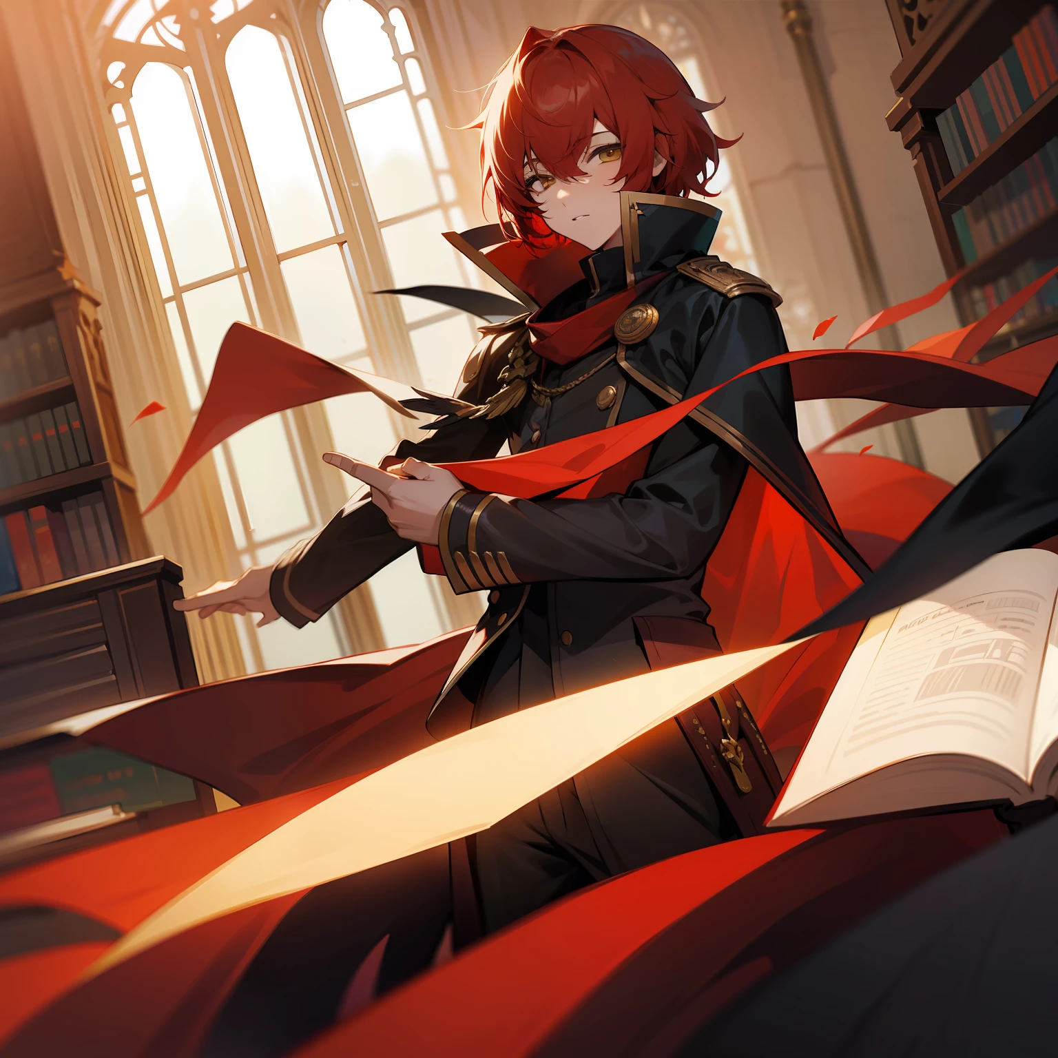 young boy, red hair, akechi face, yellow eyes, in a library, fantasy libraey, Final Fantasy Type-0, Zero Class outfit, black uniform, Holding a book, little red cape,, 4k, Final Fantasy