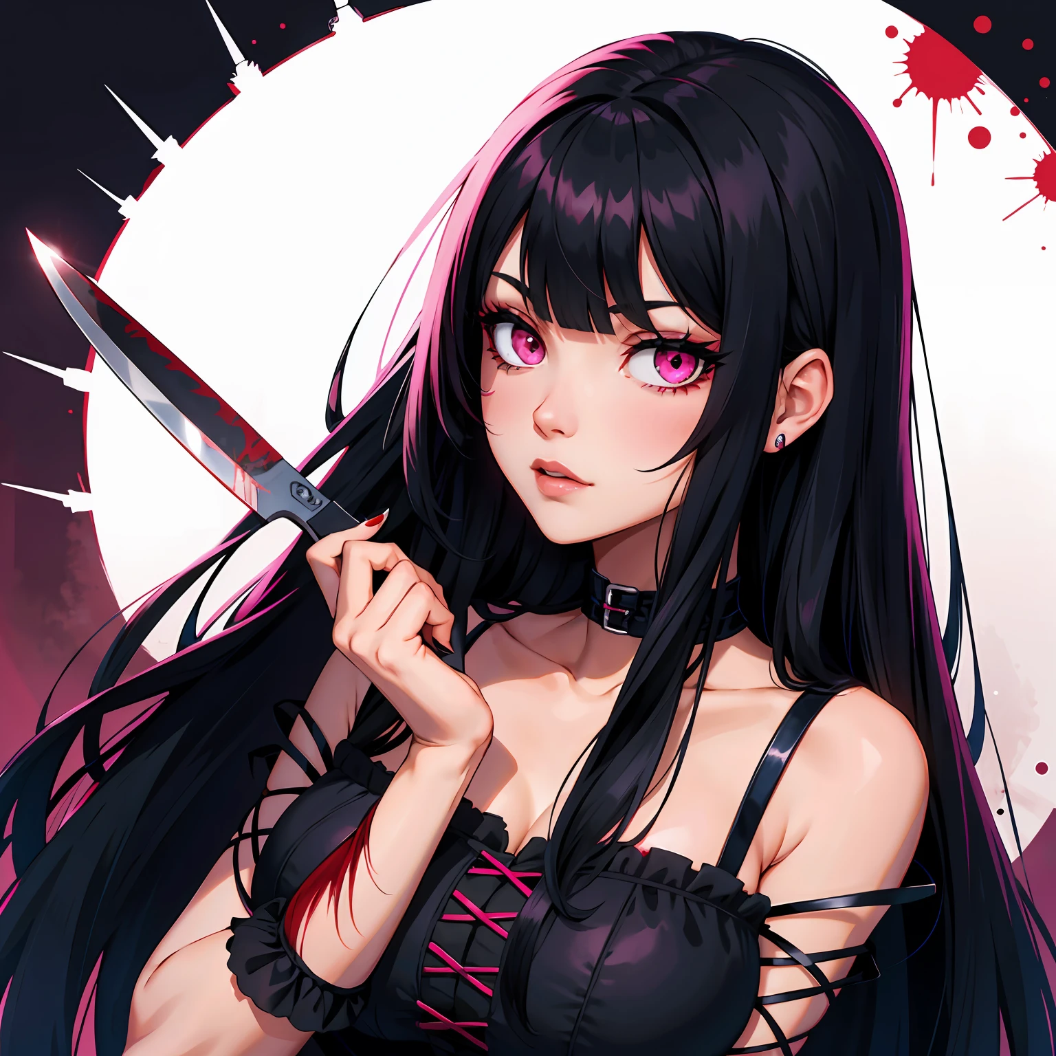 Anime girl with long black hair holding a knife in front of a full moon -  SeaArt AI