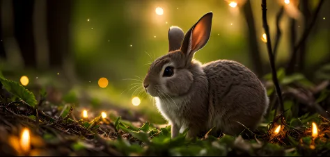 close up photo of a rabbit in an enchanted forest, nighttime, fireflies, volumetric fog, halation, bloom, dramatic atmosphere, centred, rule of thirds, 200mm 1.4f macro shot