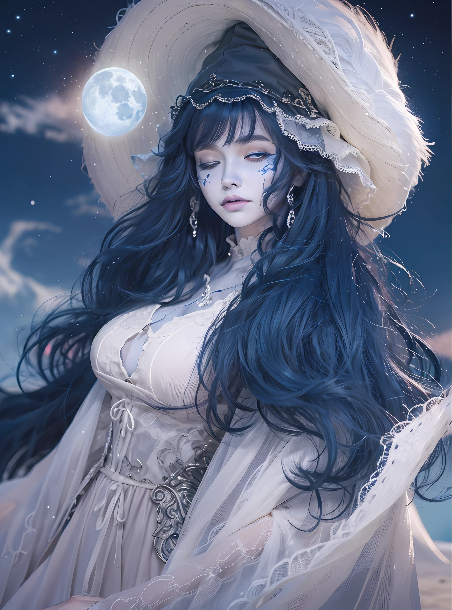 masterpiece, detailed, high quality, absurdres, ranni, 1girl, solo, cracked skin, doll joints, extra arms, one eye closed, blush, medium breasts, curvy, witch hat, white headwear, fur cloak, white dress, ring, cowboy shot, intricate details , moon , sitting in the moon , 1girl, (((Ranni))), (((elden ring))), (((Blue skin))), blue face, four arms, dark blue hair, long hair, wavy hair, dark blue eyes, one closed eye, witch hat, big hat, white hat, white dress, long dress, long sleeves, angelic aura, magical aura