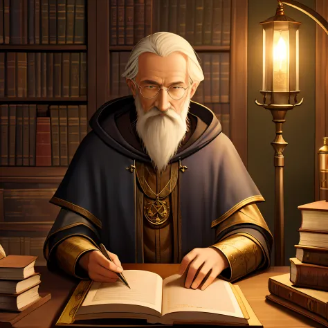 very old wizard, alchemy, looking at book, old medieval painting, smoke, lots of detail, cluttered room, lamp, dark room, detail...