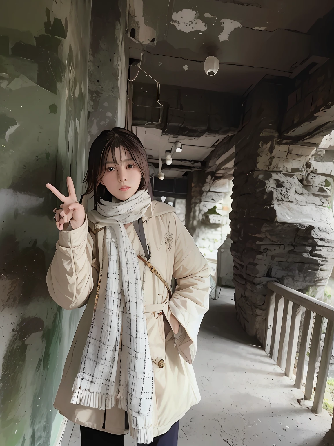 The Alafi woman stood in front of the rock wall，holding out a peace sign, xintong chen， chiho, wenfei ye, Profile picture, jinyiwei, Chinese girl, Zhang Wanting, Li Zixin, inspired by Ma Yuanyu, chengyou liu, Korean girl, vacation photo,