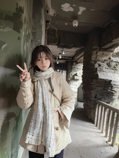 the alafi woman stood in front of the rock wall，holding out a peace sign, xintong chen， chiho, wenfei ye, profile picture, jinyi...