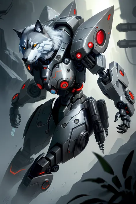 there is a robot with a wolf head and a red eye, good boy giant mecha ...