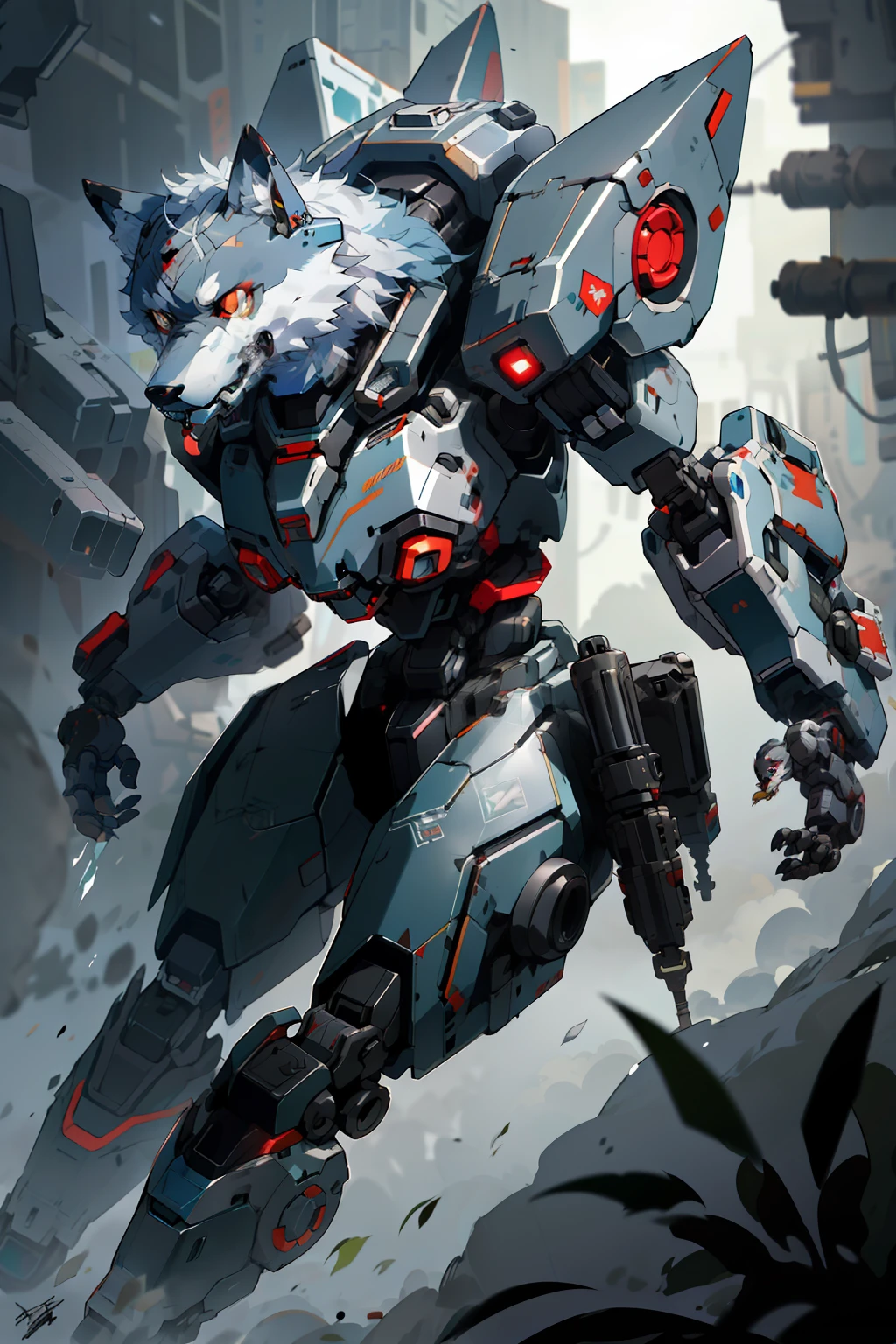 there is a robot with a wolf head and a red eye, good boy giant mecha ...