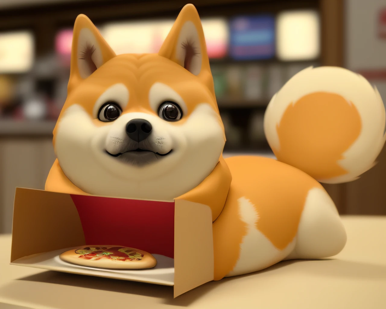 a photo of a cute ((doge)) with a box of pizza, soft render, low detail, ultra graphics, cinematic dramatic light, advanced perspective, colourful, happy, bokeh