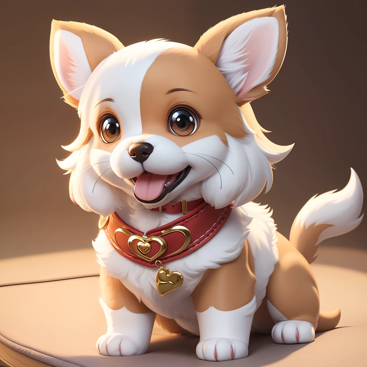 （​masterpiece）8K resolution、top-quality、Adorable dog character with cheerful smile and big ears。With collar or heart motifs、Express fidelity or affection。