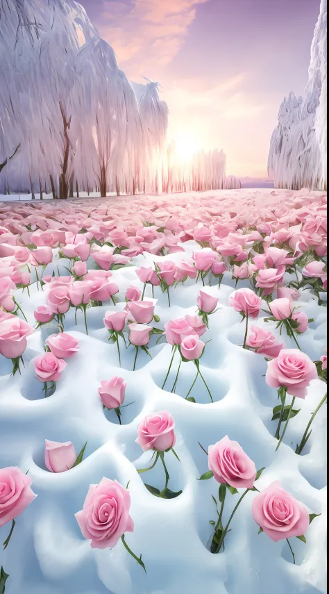 There are a lot of pink roses in the snow, Really beautiful nature, with frozen flowers around her, Beautiful nature, breath - t...