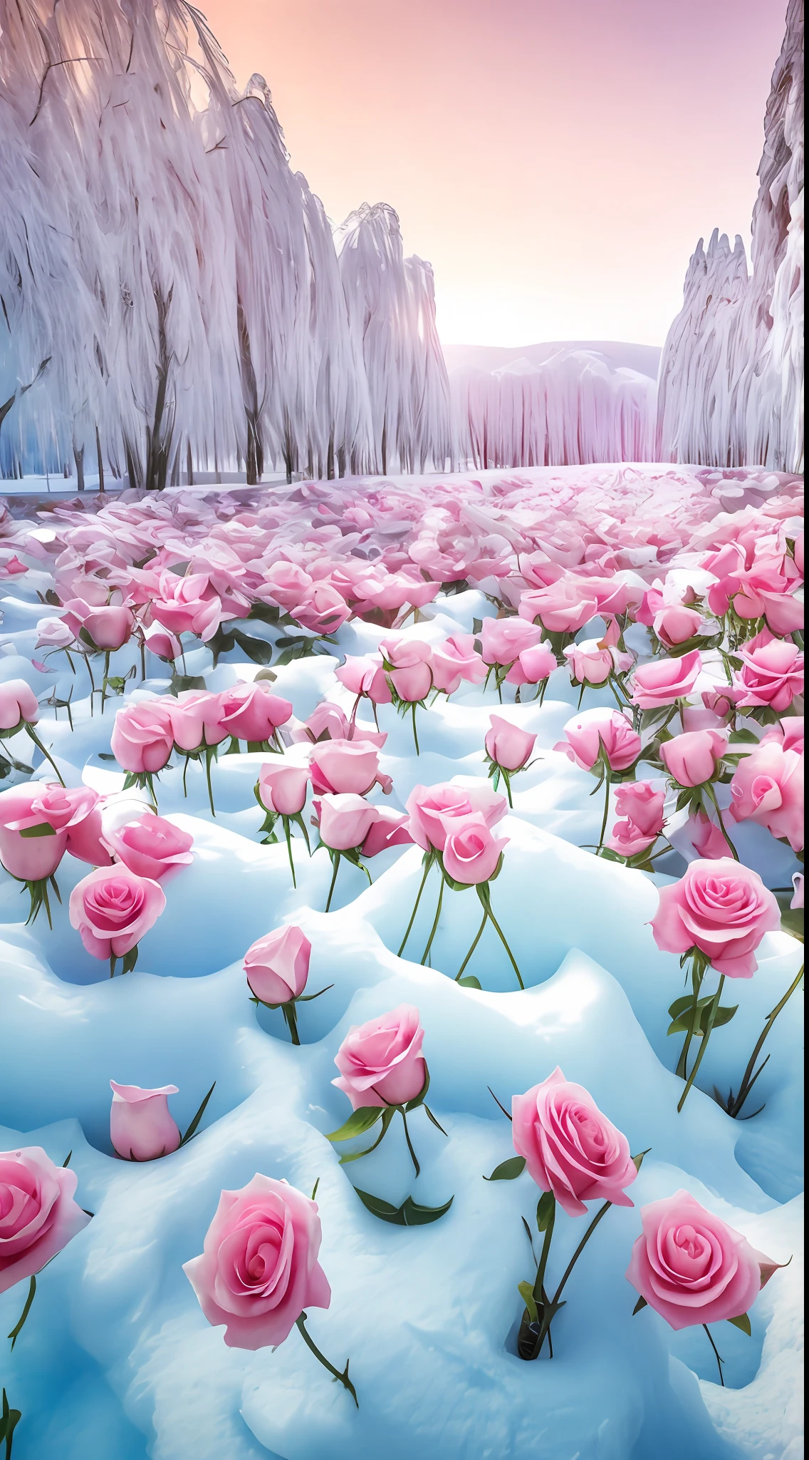 There are a lot of pink roses in the snow, Really beautiful nature, with frozen flowers around her, Beautiful nature, breath - taking beautiful trees, breath-taking beautiful trees, surreal waiizi flowers, author：Cheng Jiasui, Beautiful photography, Rose garden, rosette, marc adamus, Beautiful random images, national geographic photo”, author：Liang Kai，8K high quality detailed art