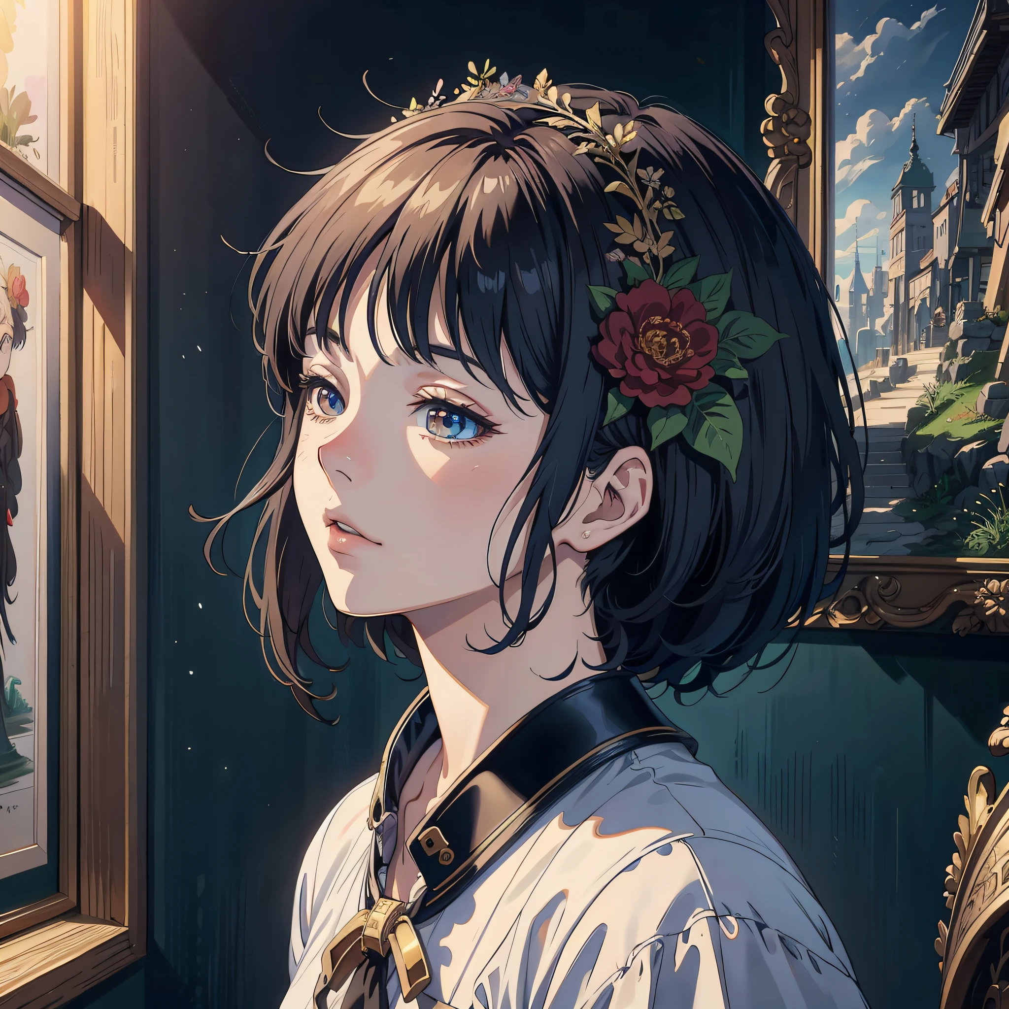 Anime girl avec une fleur dans les cheveux en regardant une photo - SeaArt  AI