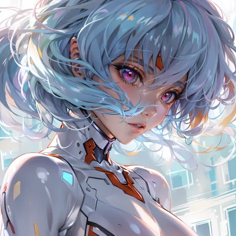 (La mejor calidad, Obra maestra, De color, Dynamic Angle, highest detailed)(Rei ayanami), Foto de la parte superior del cuerpo, ...