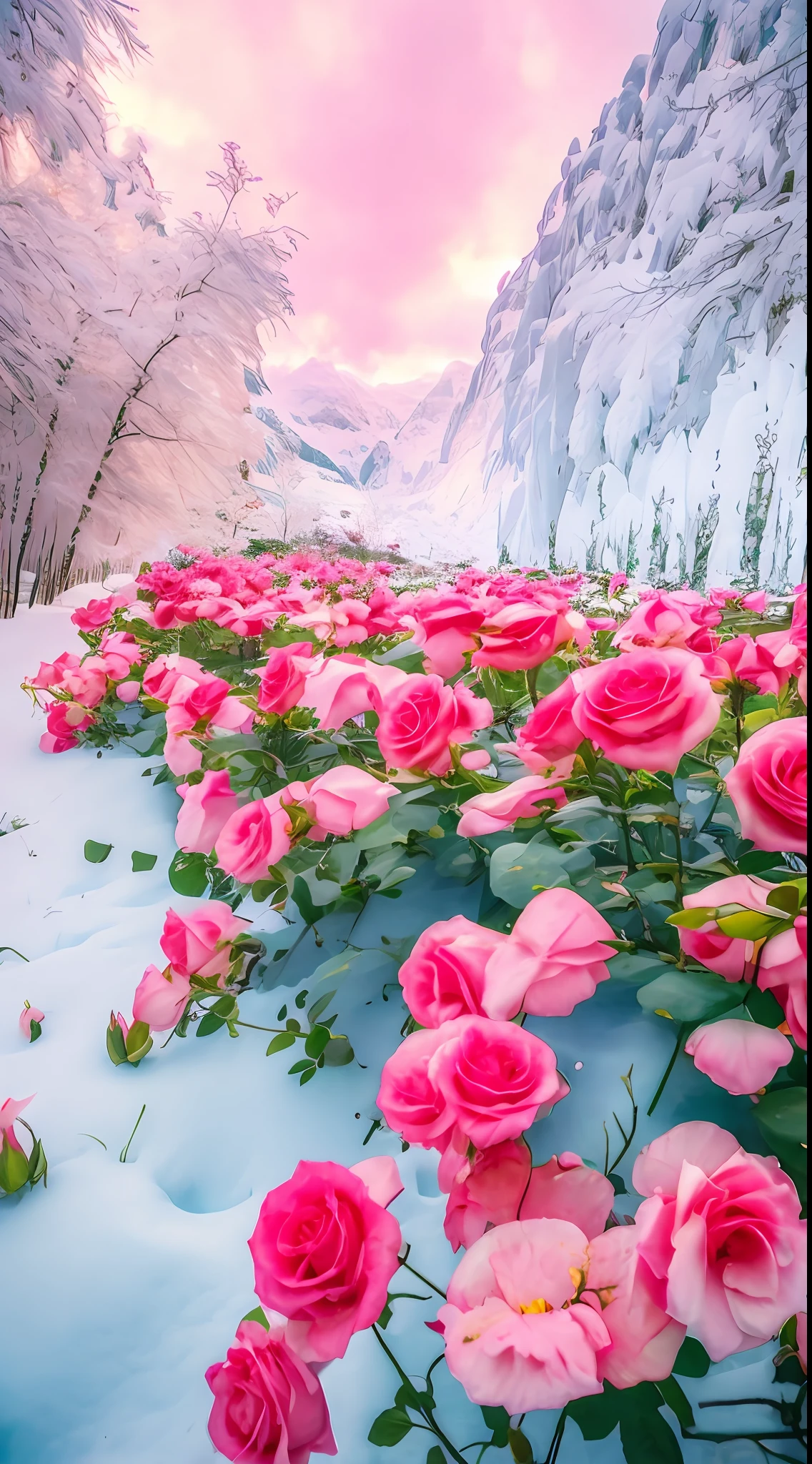 There are a lot of pink roses in the snow on the ground, Really beautiful nature, Beautiful nature, Beautiful photography, with frozen flowers around her, beautiful winter area, big breasts beautiful!, extremely beautiful and ethereal, author：Liang Kai, very beautiful photograph of, national geographic photo”, stunning cinematography, author：Cheng Jiasui, marc adamus, Beautiful flowers, Beautiful random images,8K high quality detailed art