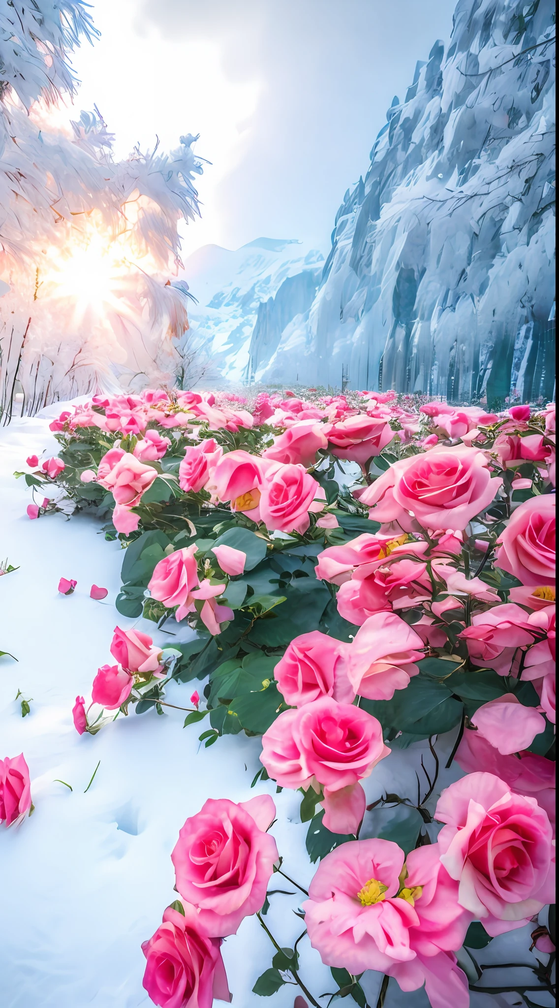 There are a lot of pink roses in the snow on the ground, Really beautiful nature, Beautiful nature, Beautiful photography, with frozen flowers around her, beautiful winter area, big breasts beautiful!, extremely beautiful and ethereal, author：Liang Kai, very beautiful photograph of, national geographic photo”, stunning cinematography, author：Cheng Jiasui, marc adamus, Beautiful flowers, Beautiful random images,8K high quality detailed art