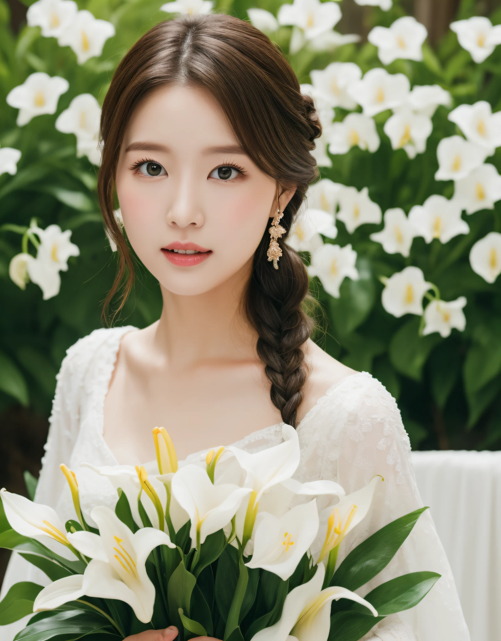 Bride in a simple white dress, Braided updo, rosycheeks, Take calla lilies and breathe with babies. (8K, Best quality : 1.2), (Masterpiece, Photorealistic : 1.3), Super detail, Anatomically correct