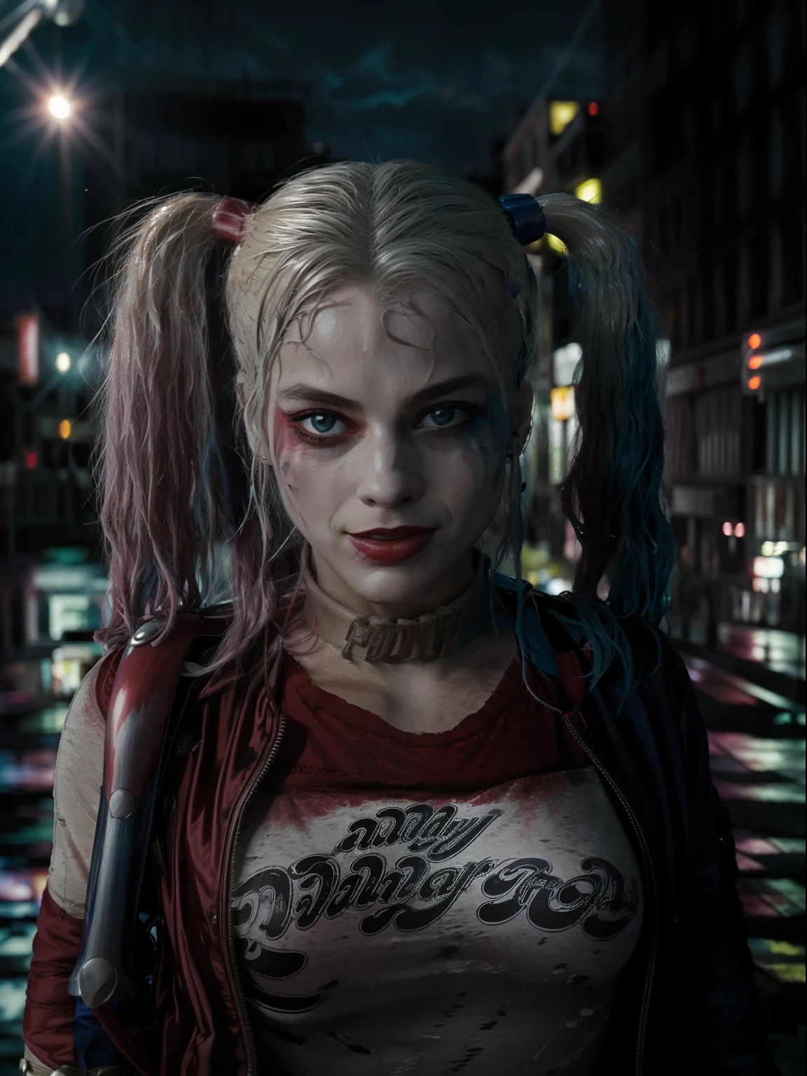 (ultra-realistic realism)(illustratio)(A high resolution)(8K)(extremy detailed)(Most Best Illustration)(beatiful detailed eyes)(best qualtiy)(Hyper-detailing)(tmasterpiece)(the wallpaper)(Detal Face),Solo，one-girl，Harley Quinn, harley quinn film still, Hahari Quinn, Spread your legs, (Elevation viewing angle) , City streets at night，Colored lights，Wet ground， The water reflects the body