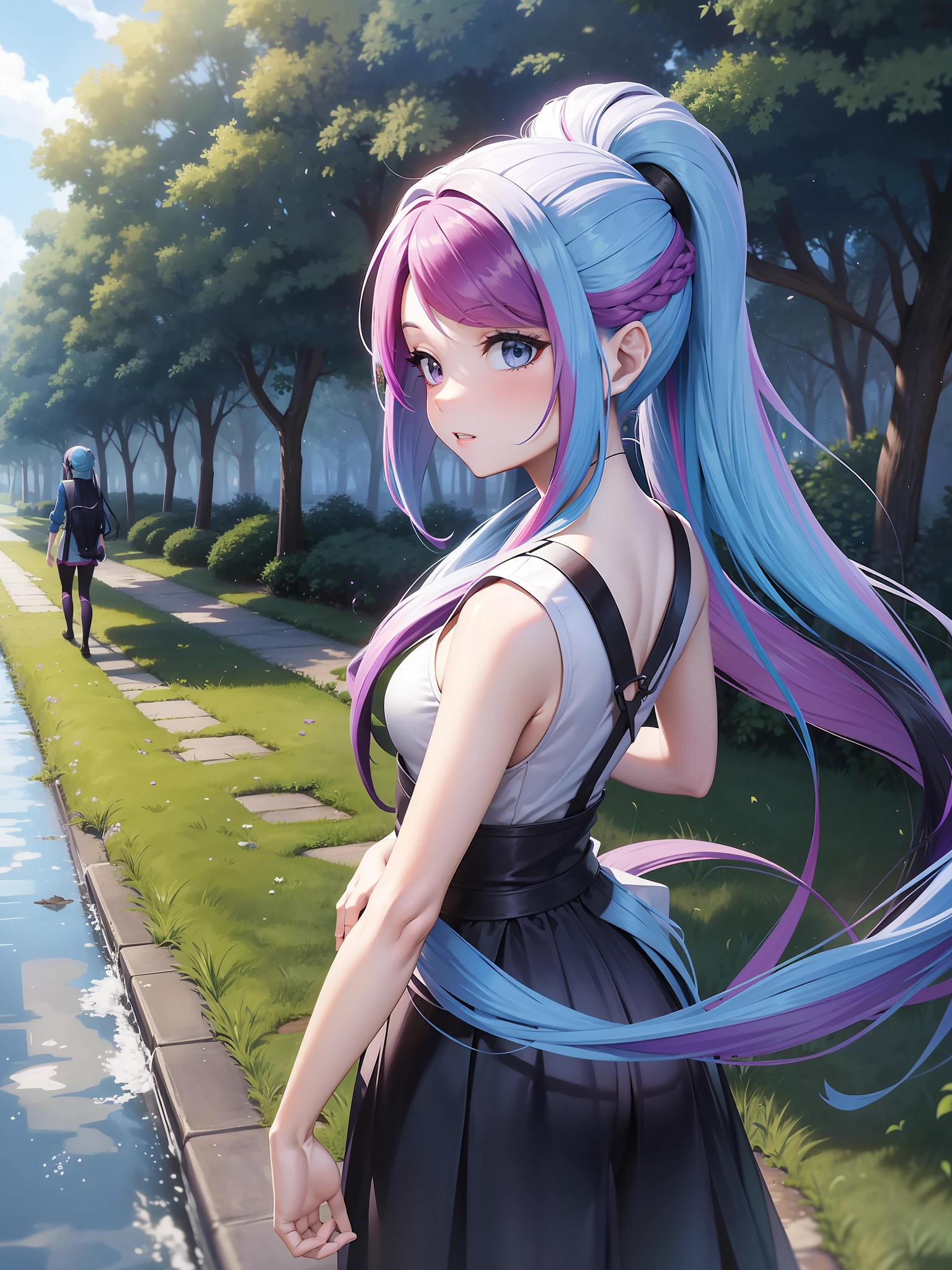 Vidia walking next to a river, ponytail, very long hair, (multicolored hair:1.4 black and purple), hot day, bare shoulders, looking back