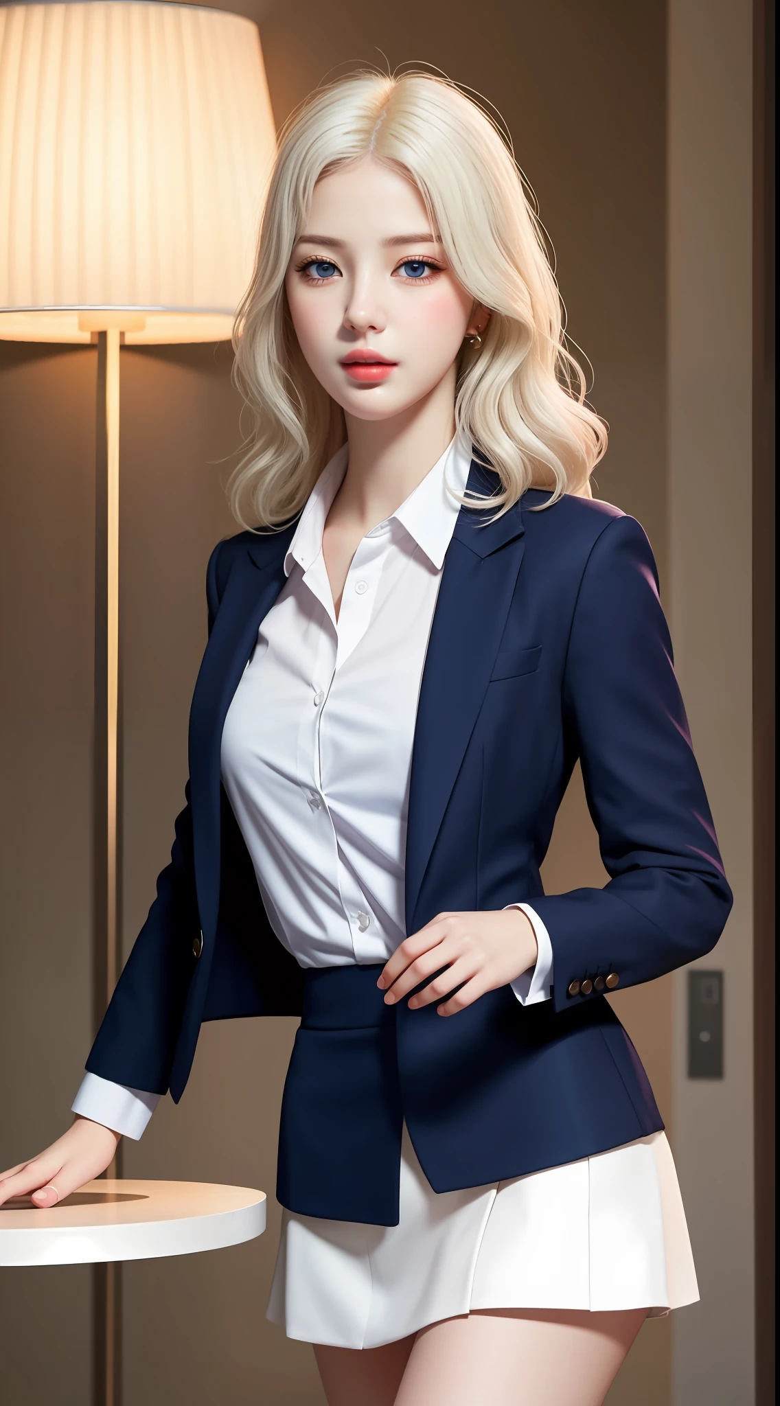 (hyperrealistic), (illustration), (high resolution), (8K), (extremely detailed), (best illustration), (beautiful detailed eyes), (best quality), (ultra-detailed), (masterpiece), (wallpaper), (detailed face), realistic skin, anatomically correct, solo, 1 girl, (wavy white hair:1.2), (beautiful Suzy:1.7), (beautiful cute JAV Idol:1.7), heterochromic eyes, (detailed blue eyes), small moles under the eyes, (big breasts:1.2), navy formal blazer, white shirt, black mini skirt, long legs, tight abs, dynamic pose,