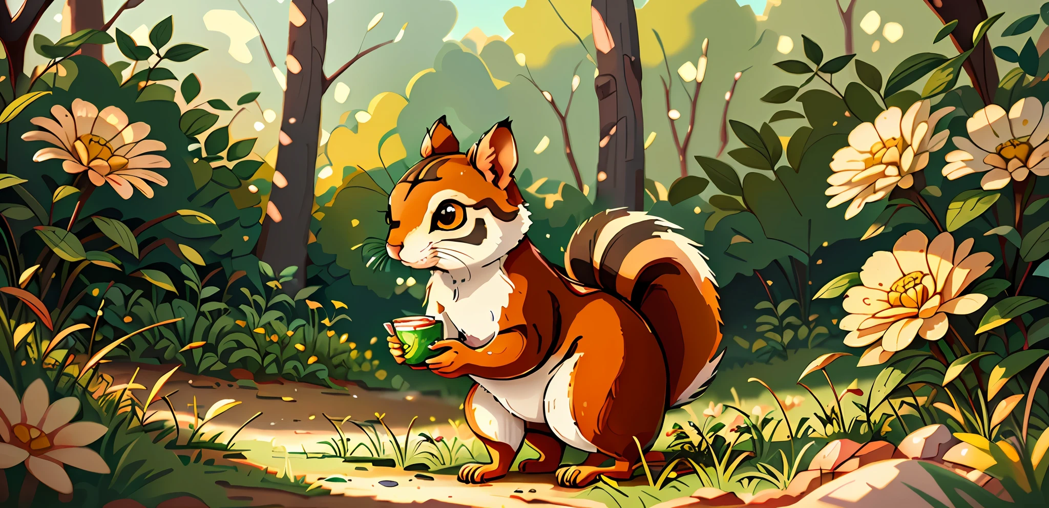 There is a squirrel that is eating something in the grass, painting digital adorable, Foto O Closeup, esquilo, pintura digital altamente detalhada, Fazer um lanche, criatura fofa da floresta, Animal bonito, realistic illustration, bonito 3 d render, arte digital detalhada bonito, bela arte digital, "Retrato de um animal de desenho animado, esquilo/tigre, Shutterstock, ultra realistic 3d illustration