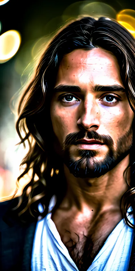 portrait of modern day Jesus, cinematic lighting, depth of field, bokeh, realism, photorealistic, hyperrealism, professional pho...