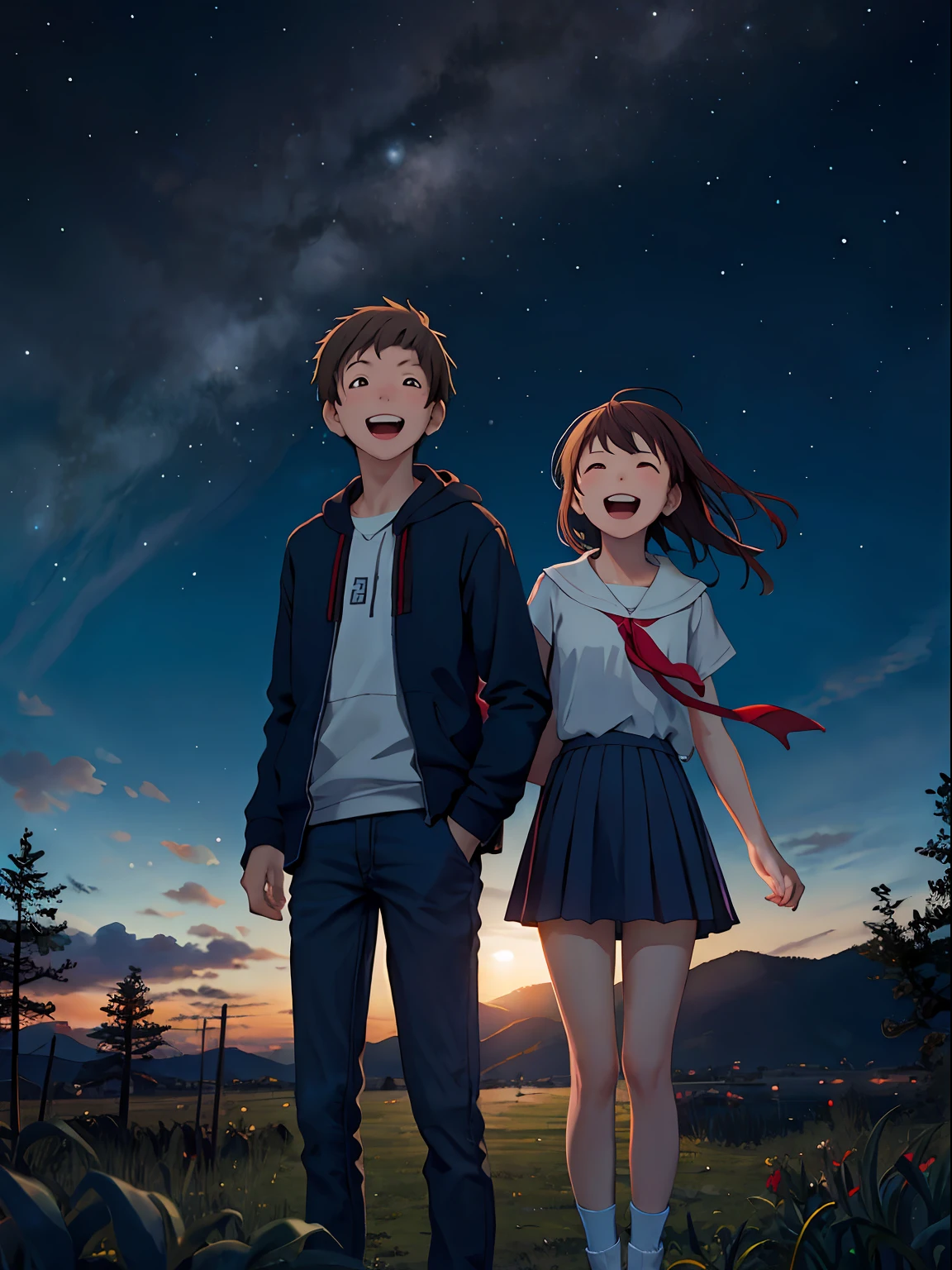 ​masterpiece, top-quality, Teenage couple, nigh sky, The upper part of the body, Laughing