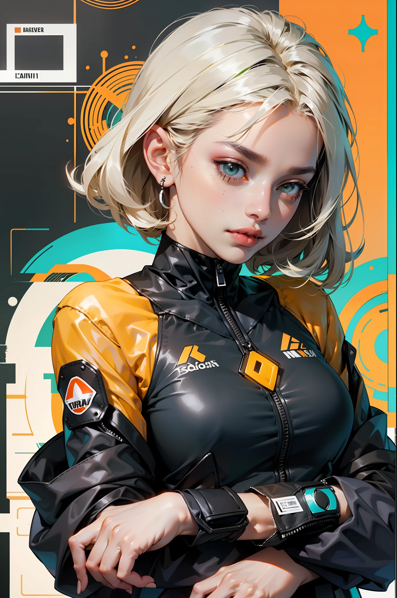 orange, Pink, offwhite, Unripe, (black hair woman (with heavy bangs covering the forehead)), tattoo's, (techwear clothes: 1.1), abstract lines and background circles, fully body