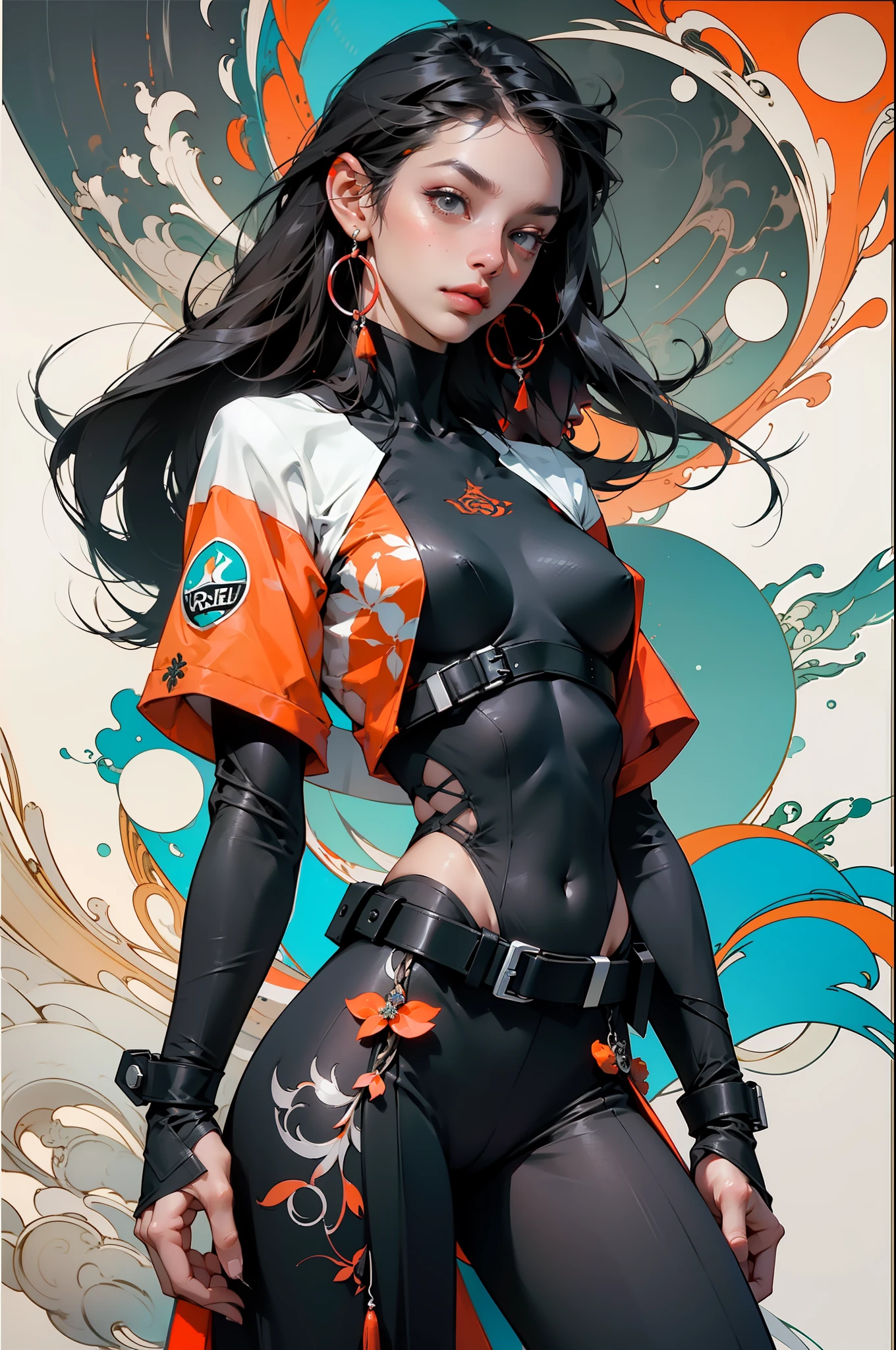 orange, Pink, offwhite, Unripe, (black hair woman (with heavy bangs covering the forehead)), tattoo's, (techwear clothes: 1.1), abstract lines and background circles, fully body