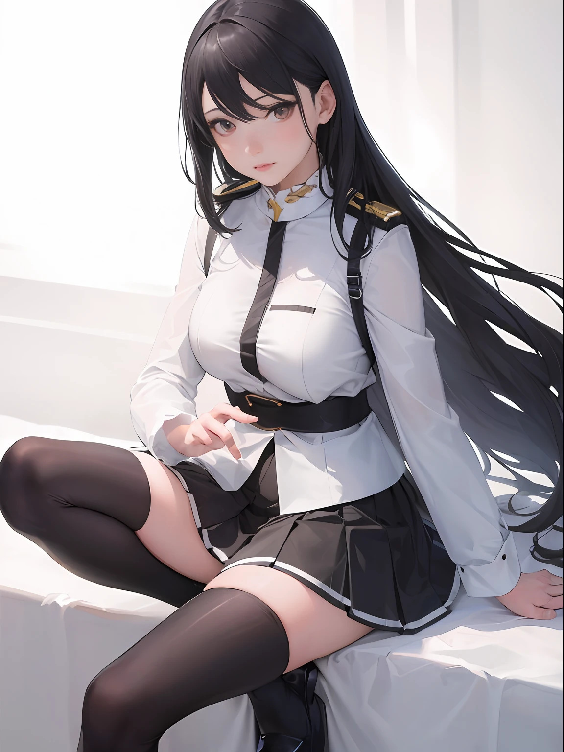 ((masterpiece, best_quality)), 1girl, (photorealistic:1.4),  solo, white_background, black_hair, long_hair,   zettai_ryouiki, skirt, ((full_body)),