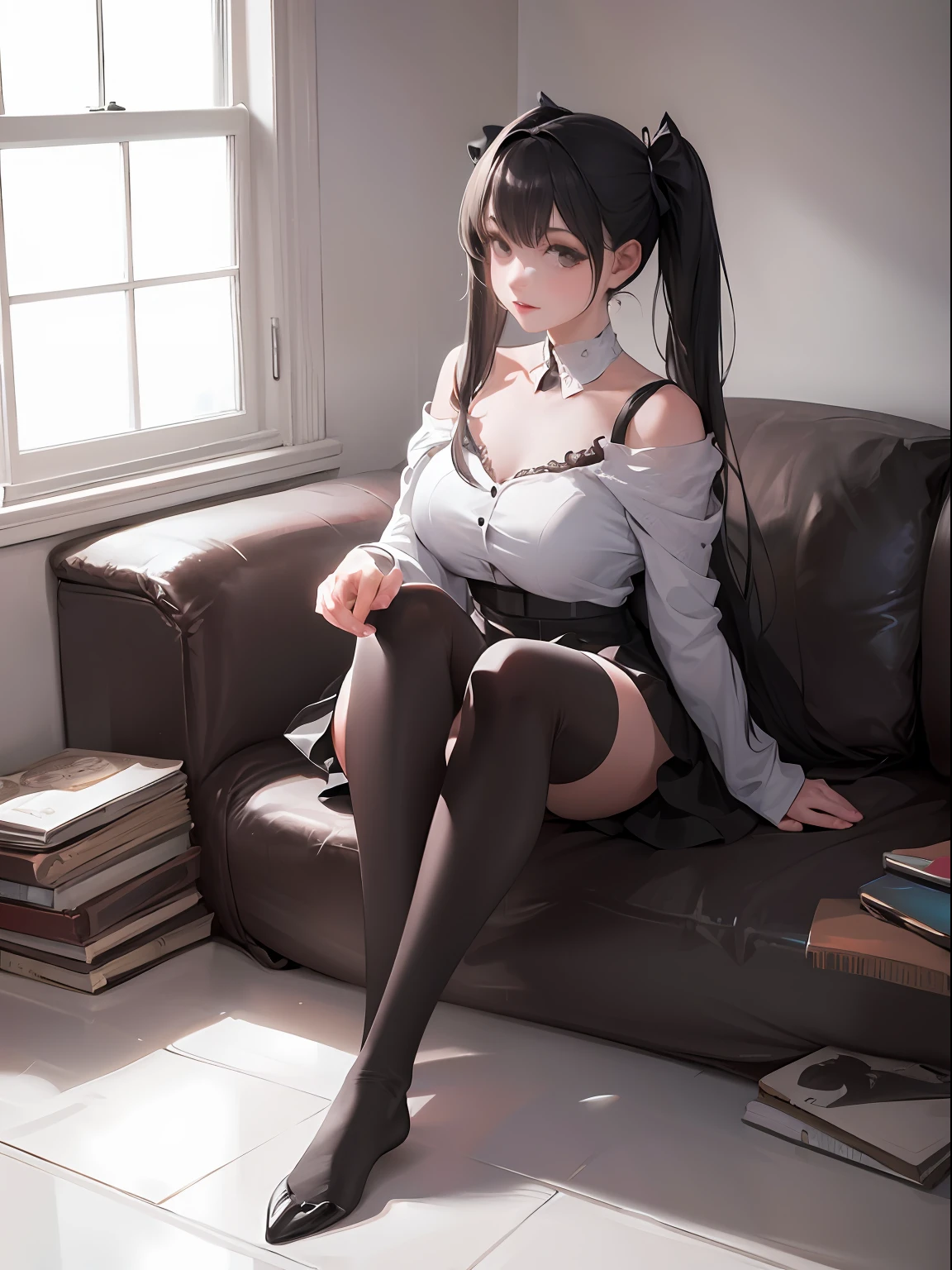 ((masterpiece, best_quality)), 1girl, (photorealistic:1.4),  solo, white_background, black_hair, long_hair,   zettai_ryouiki, skirt, ((full_body)),