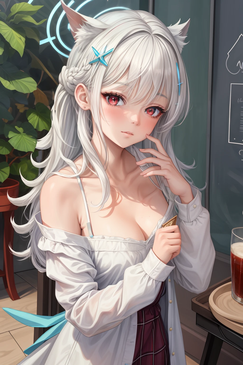 NSFW, masterpiece, super-fine, semi-realistic, meticulous facial features, 1girl, white hair, long hair, red eyes, wearing exquisite fairy costumes