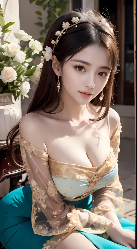A beautiful girl, literary, beautiful and elegant, with slender eyebrows and clear eyes. Ruddy lips, soft skin, bandeau dress with gold edges, antique long-sleeved dress, stroking posture and waiting posture. The blue sky and the quiet courtyard (literary ...