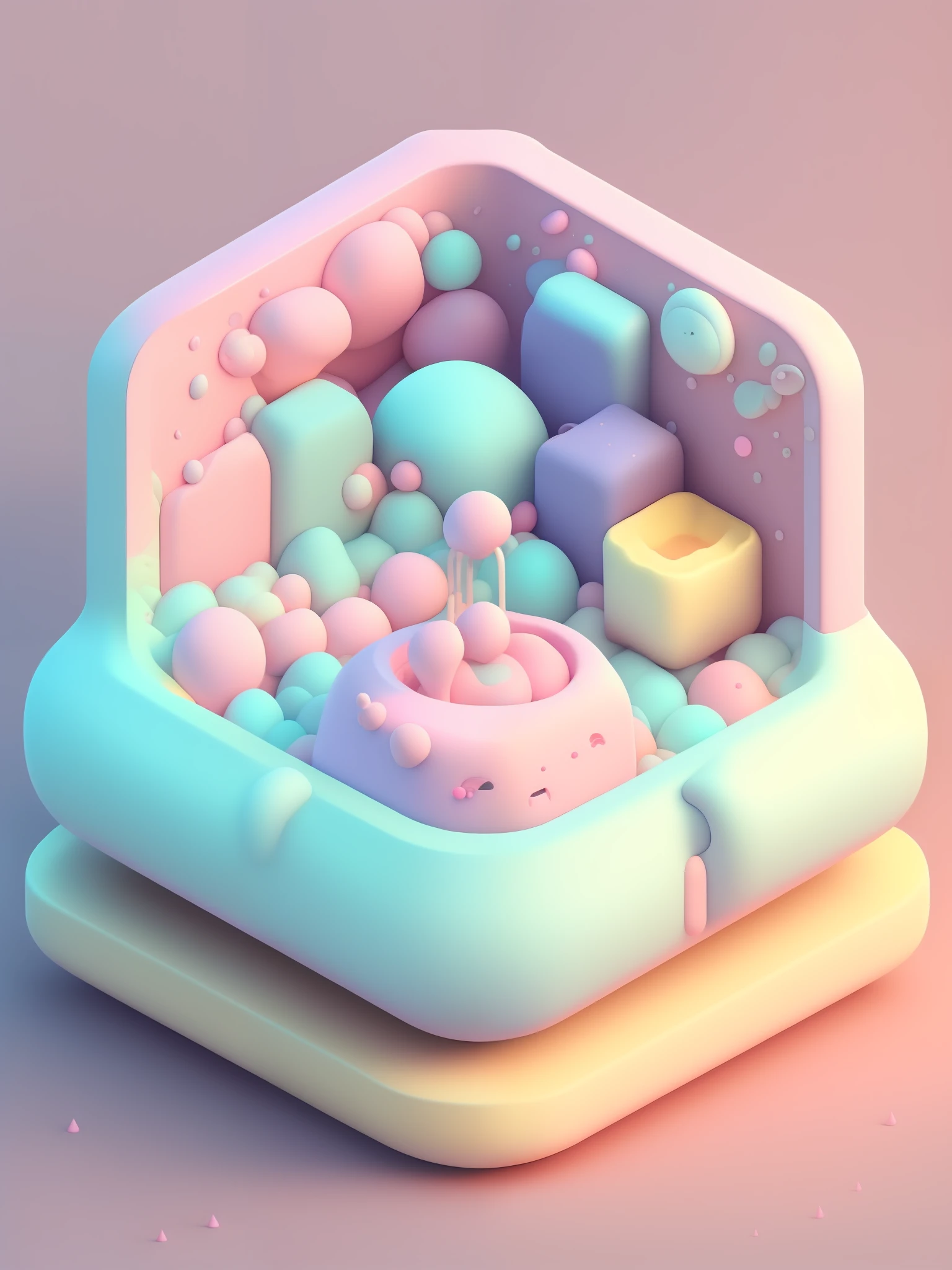 microworld, isometric view of cute kawaii keyboard, (pink, white, yellow, purple), cozy and pastel, lighting particle, dynamic light effect, futuristic, incredibly detailed, super resolution